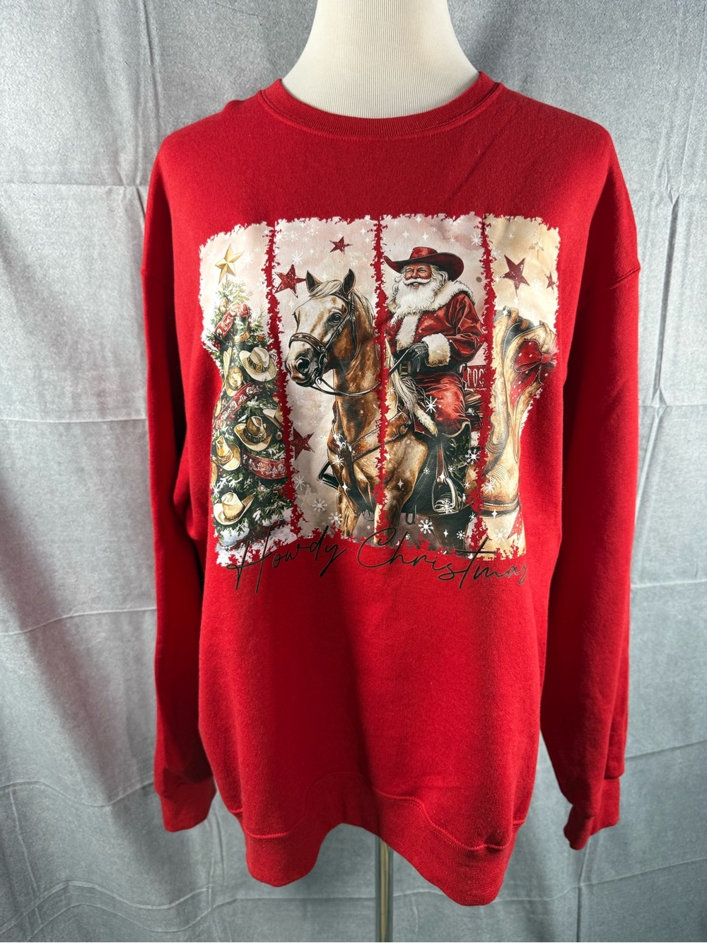 2419-Jerzees Red Holiday Crewneck Sweater with Santa on Horse Graphic